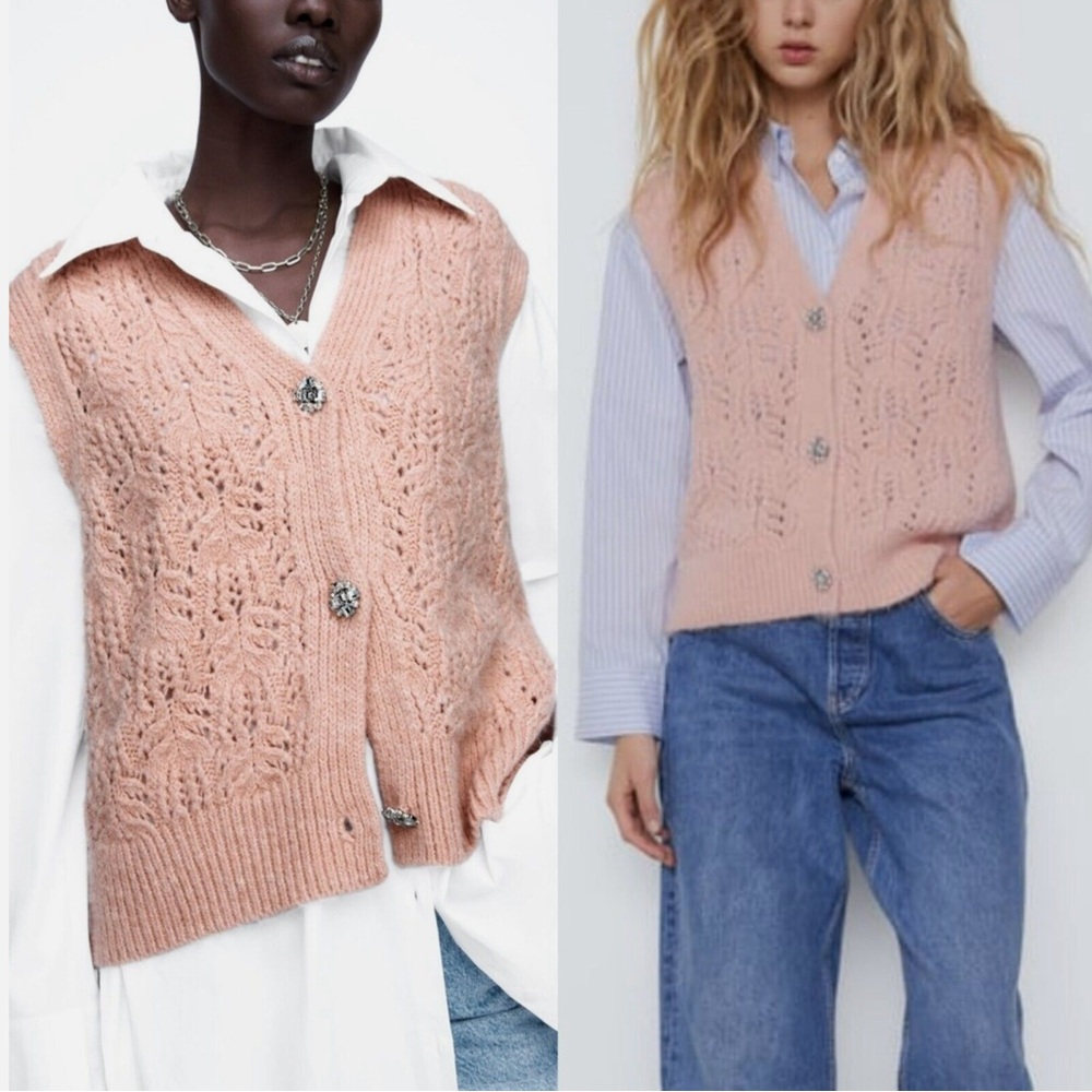 Zara Sweater vest Size Small with Jewel Buttons Salmon Pink Knitted